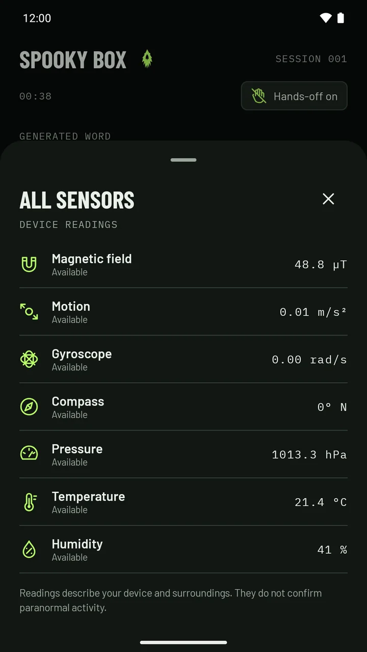The All sensors sheet listing live readings for magnetic field, motion, gyroscope, compass, pressure, temperature and humidity.