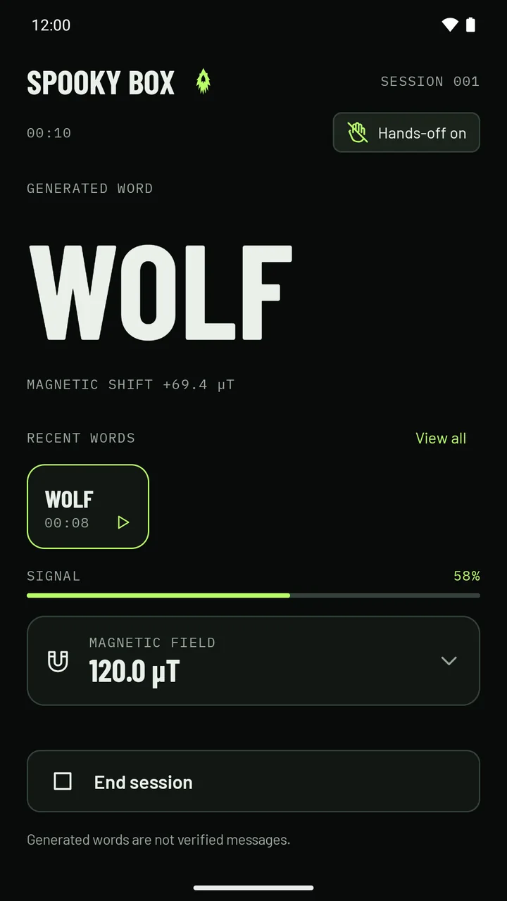 The word WOLF on screen, with the reason: magnetic shift, plus 69.4 microtesla.